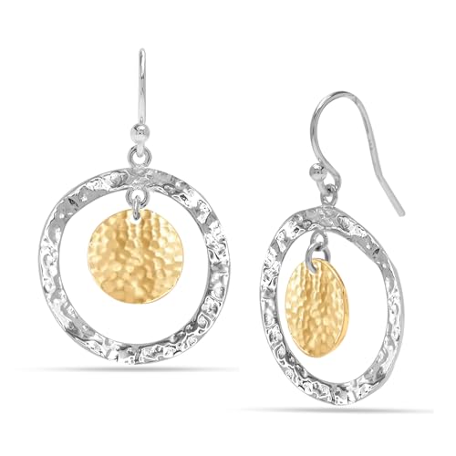 LeCalla 925 Sterling Silber Schmuck Classic Hammered Double Dangling Earrings Italian Hammered Design Two-Tone Disc Drop Earrings für Frauen 35 MM von LeCalla