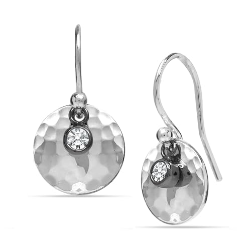 LeCalla 925 Sterling Silber Schmuck Mini gehämmert Crystal Disc Dangling Ohrringe Italienisch gehämmert Design Disc Small Drop Danlge Ohrringe für Frauen 20 MM von LeCalla
