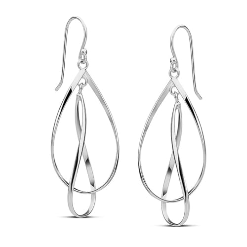 LeCalla 925 Sterling Silber Teardrop Dangle Ohrringe für Frauen | Doppelte längliche Oval Twist Französisch Draht Tropfen Ohrring | Lange lineare Tropfen Aussage Ohrringe 48MM von LeCalla