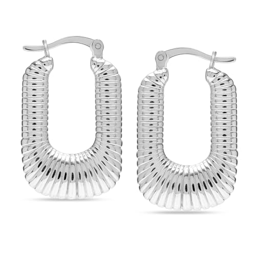 LeCalla 925 Sterling Silber U-shaped Hoop Ohrringe für Damen | Medium Classic Chunky Shrimp Textured Hoop Earring | Women's Rectangle Click-Top Earring Hoops 30MM von LeCalla