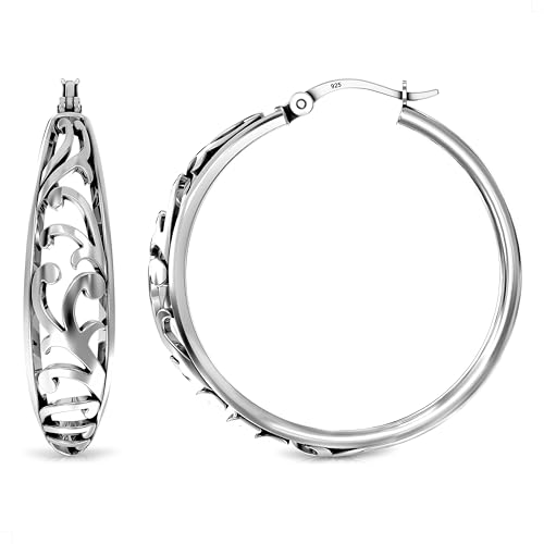 LeCalla 925 Sterling Silber filigrane Ohrringe für Frauen | Runde komplizierte Blumen Ausschnitt Design Ohrring | Click-Top Ohrringe - 30MM von LeCalla