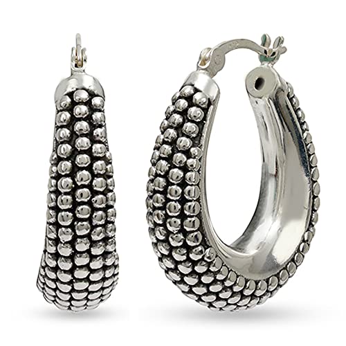 LeCalla 925 Sterling Silber Kaviar Creolen Medium Oval Antik Oxidiert Leichtgewicht Klick-Top Beaded Hoops für Frauen - 27MM von LeCalla