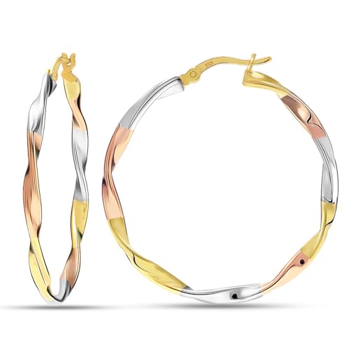 LeCalla Frauen 925 Sterling Silber Runde verdreht Reifen | 14K Rose Gold & 14K Gelbgold plattiert Tricolor Ohrringe | Handmade Classic Ohrringe 40MM von LeCalla
