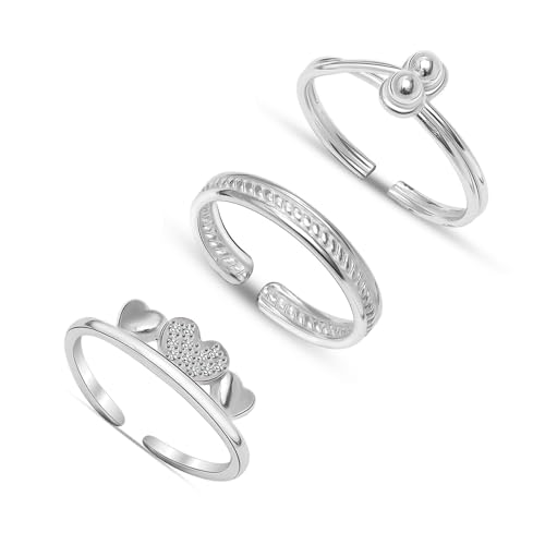 LeCalla Satz von 3 Pcs 925 Sterling Silber Zehenring für Frauen | Minimalistische CZ Herz Krone Zehenring | Offene verstellbare Band Ringe Schmuck-Set von LeCalla