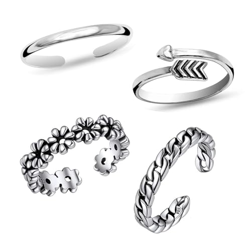 LeCalla Satz von 4 Pcs 925 Sterling Silber Zehenringe für Frauen | Offene einstellbare Pfeil Blume Link & einfache Band Zehenring Set | Minimalistische Sommer Strand nackten Fuß Schmuck von LeCalla
