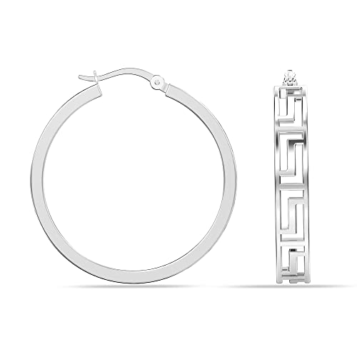 LeCalla 925 Sterling Silber griechischen Schlüssel Muster Creolen Ohrringe | Medium Leichtgewicht griechischen Wand Cut-Out Creolen für Frauen - 30MM von LeCalla