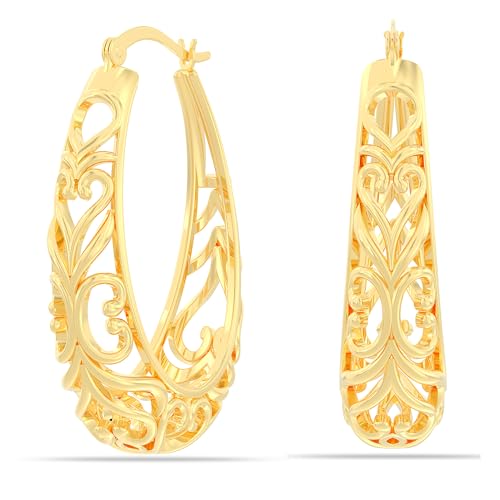 LeCalla 925 Sterling Silber 14K Vergoldet Oval Filigran Ohrring Klick-Top Leichtgewicht Schmuck Creolen Ohrring für Frauen von LeCalla