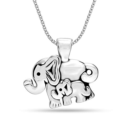 LeCalla Sterling Silber Schmuck Antiker Elefant Mutter und Kind Anhänger mit Kabelkette für Frauen von LeCalla