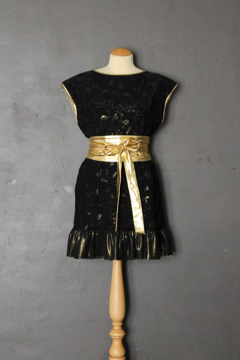 Abendkleid Schwarz Arabesken Jersey Gefüttert Transparent Blumen Gold Beschichtete Zubehör Gürtel Obi Größe M von LeDedArpine