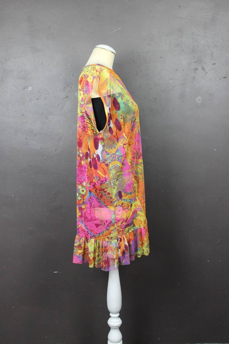 Kurze Sommer Fischfisch Gedruckt Grafik Abstrakte Pop Bunte Orange Gelb Blau Grün Lila Sterne Niedrige Rüschen Größe M 38/40 von LeDedArpine