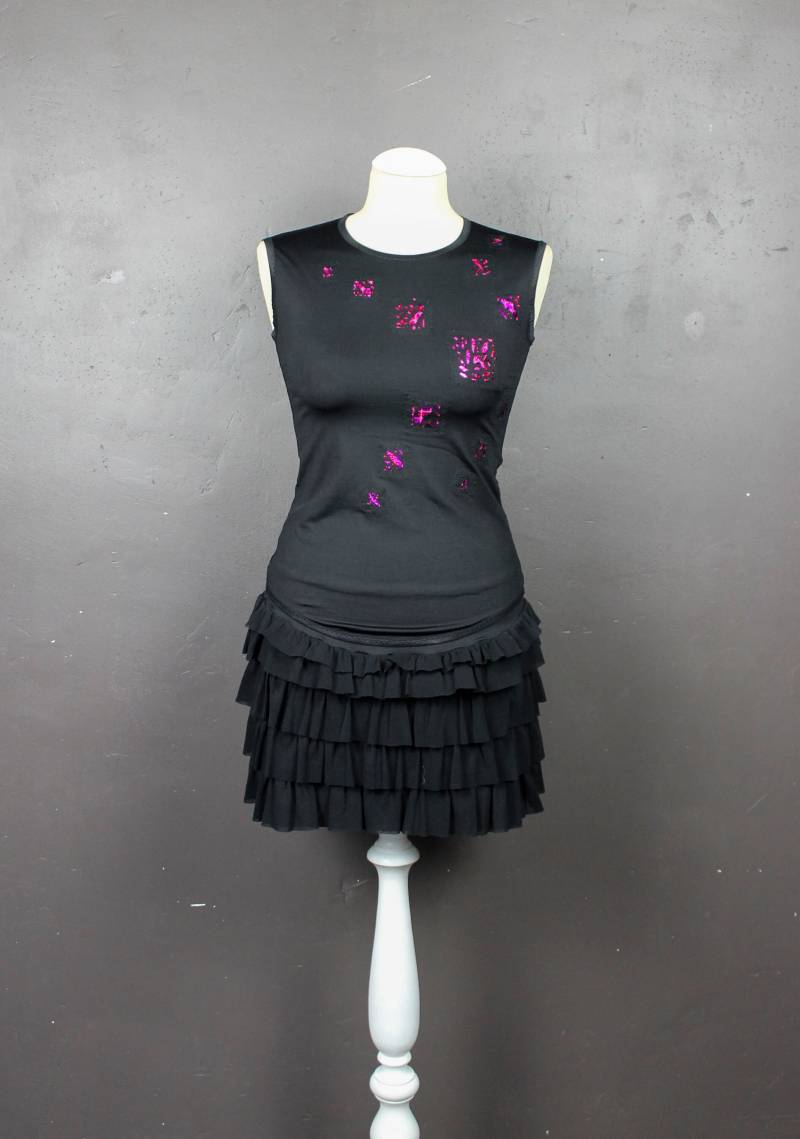 Schwarzes Top Shirt Ärmelloses Tanktop Jersey Lycra Platz Verschlang Glitzer Pink Größe M von LeDedArpine