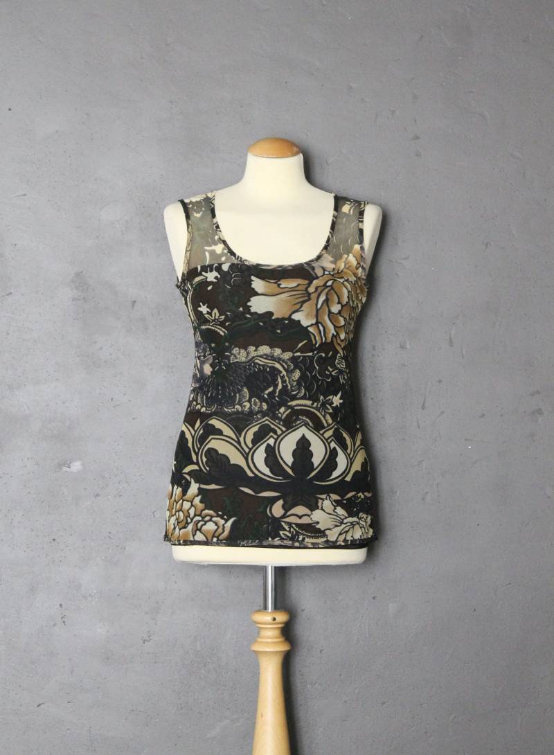 Tank Top Hautengen Transparenten Fischnetz Gedruckt Pfingstrosen Lotus Effekt Tattoo Herbstfarben von LeDedArpine
