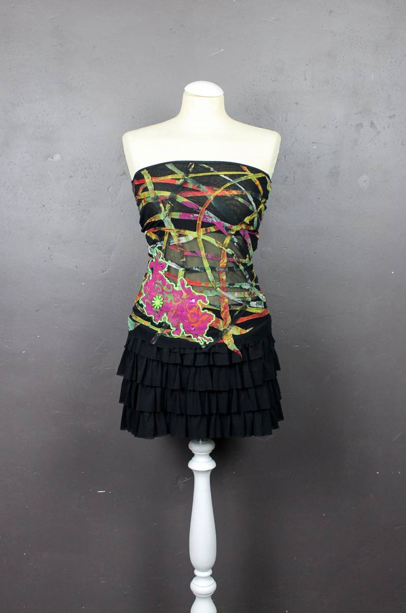 Top Bustier Frau Kleine Hohe Schwarz Mesh Bestickt Streifen Fischnetz Multicolor Strass Rosa Stahlwolle Und Neon-Grün Blume T.m Arabesque von LeDedArpine