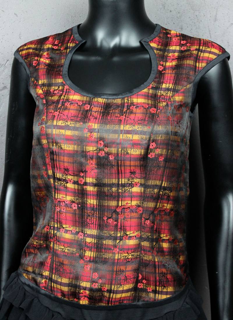 Top Kleine Frau in Der Nähe Körper Hals Runde Phantasie Bestickt Plaid Jacquard Zweige Kirsche Rote Blümchen Tm von LeDedArpine