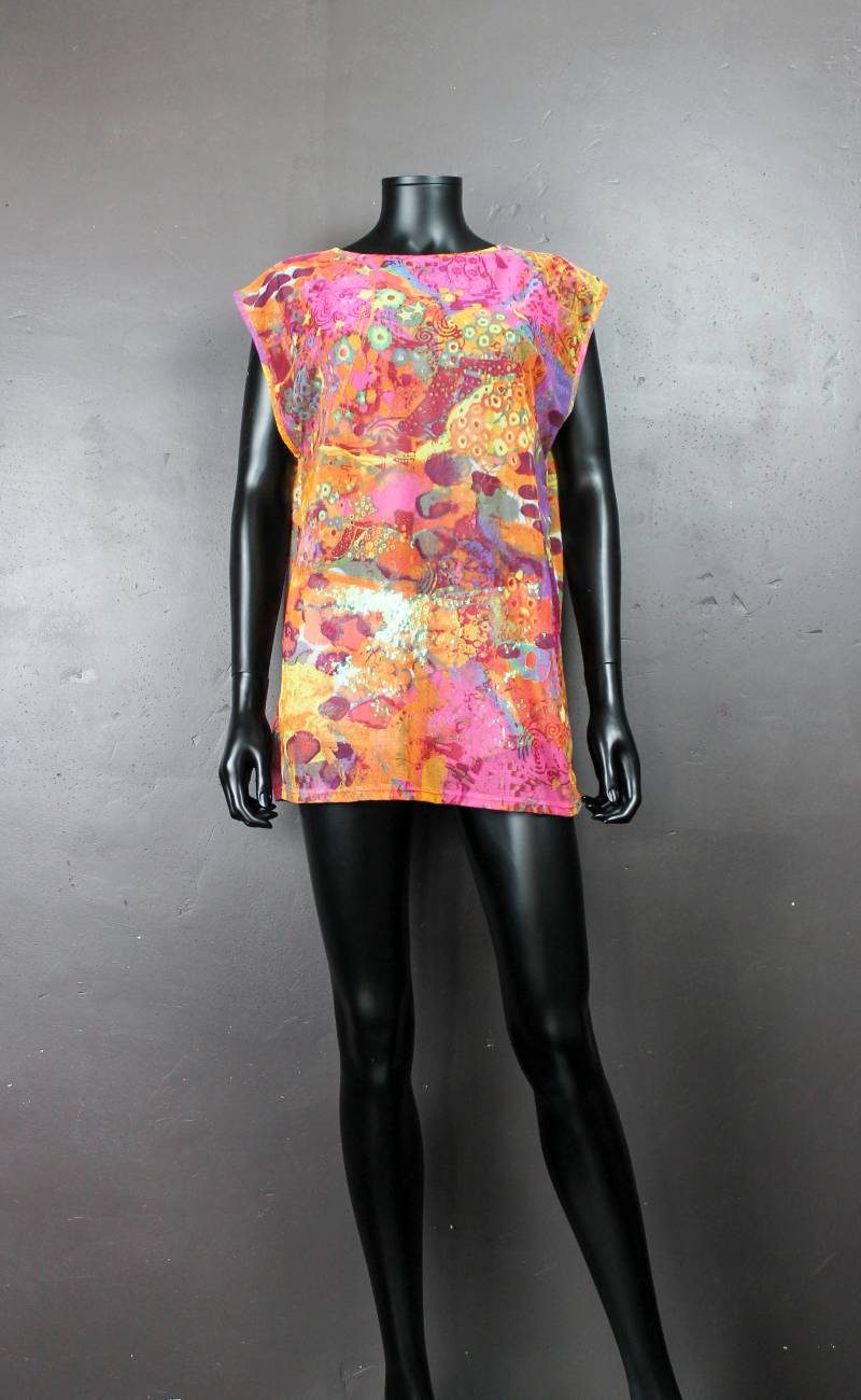 Top Schwarz Frau Obere Ausschnitt Gerade Boot Netz Gedruckt Abstrakt Grafik Pop Multicolore Orange Blau Rosa Sterne T.m 38/40 von LeDedArpine