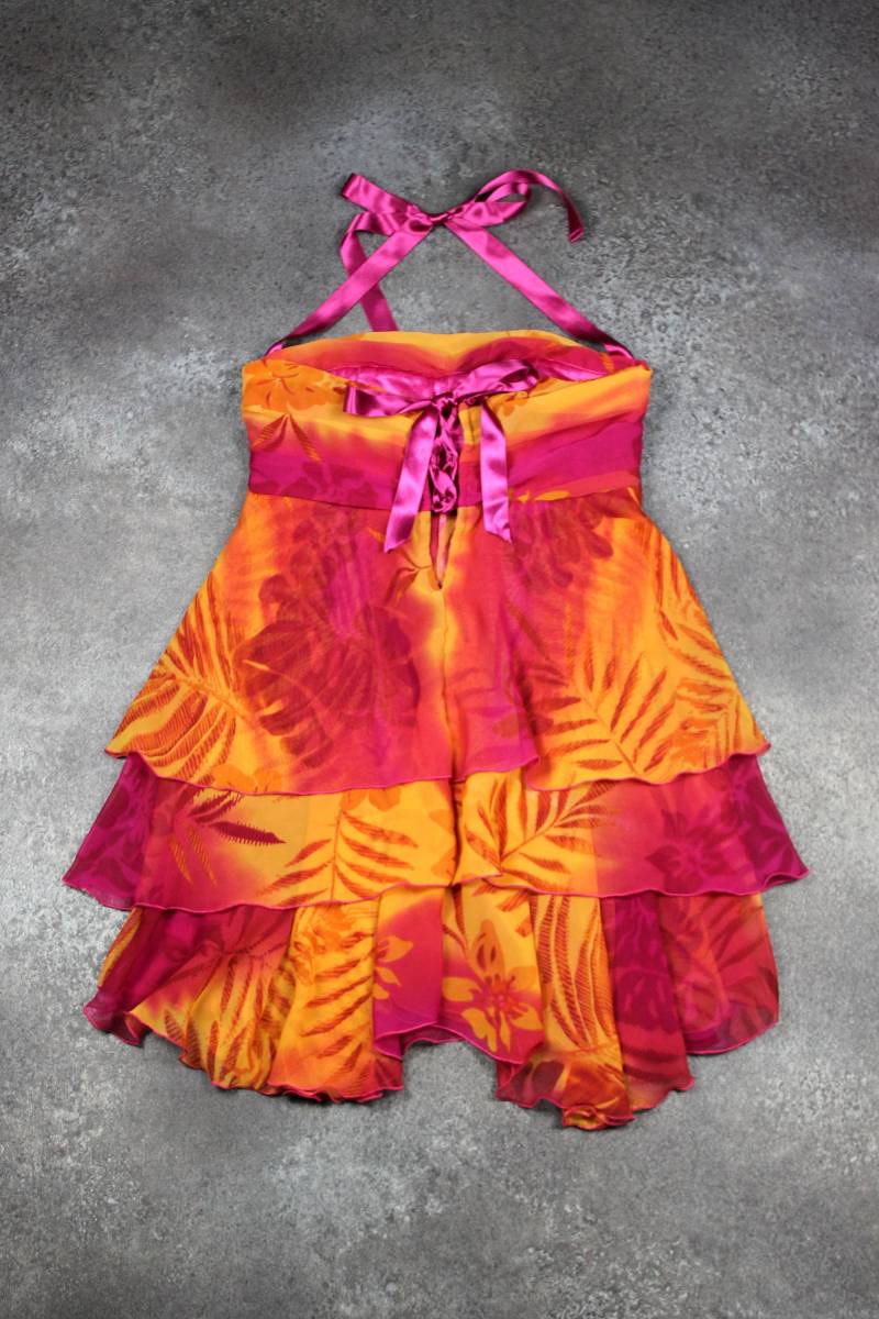 War Himbeer Aprikose Frucht Schleier Grafik Gedruckten Cocktail-Kleid Blumen Hibiskus T.m Palmblättern von LeDedArpine