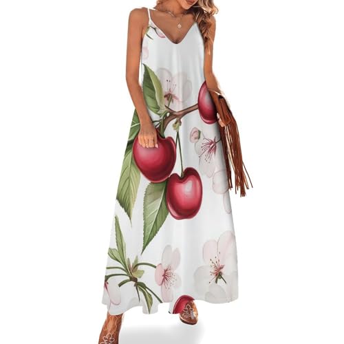 Damen Kleid Spaghettiträger, Lang Aquarell Kirsche Sommerkleid Midikleid Ärmellos Freizeitkleid, A-Linie Langes Sonnenkleid Freizeitkleid, 2XL von LeDiYouGou