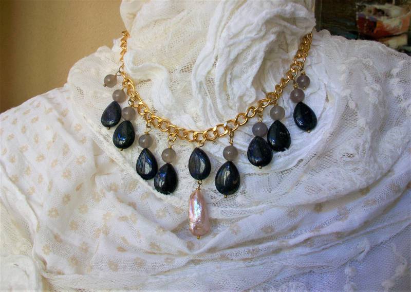 Halskette Und Ohrringe Mit Tropfen Aus Lapislazuli, Turmalin Barocken Zuchtperlen, Handgefertigt Halskette Und Ohrringe Mit Tropfen Aus Lapislazuli, Turmalin Barocken Zuchtperlen, Handgefertigt von LeGioiediFramarida