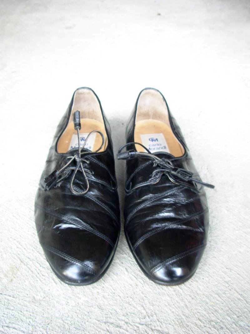 Jahrgang Der Jahre 90 Schwarz Schuhe Kleid Leder Aal Lackleder Flachen Mokassins, Größe 8, 5 von LeGrandPrince