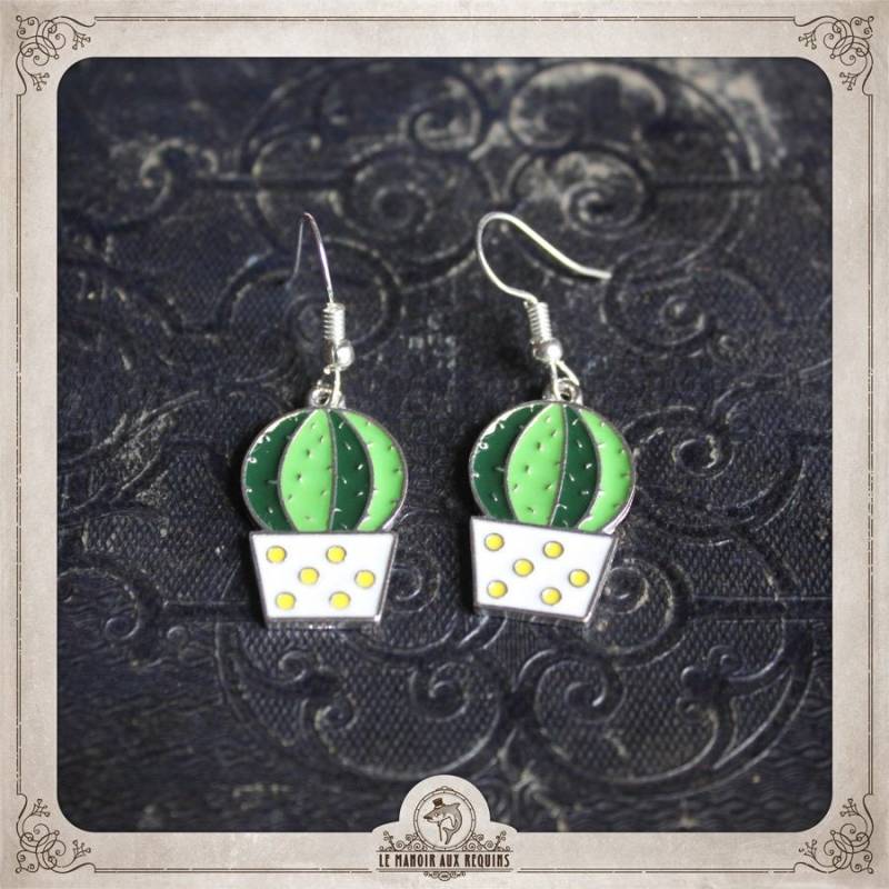 Cactus Ohrringe Silber Und Emaille Weiß Grün Gelb Wüste Western Quadrat Runde Pflanze Baum Kaktus Blatt Würzige Streifen Gestreift Boa051 von LeManoirAuxRequins