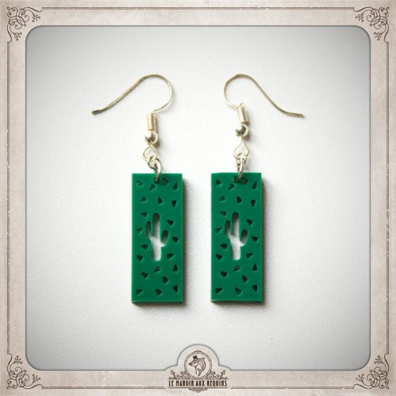 Cactus Ohrringe Silber Und Grün Resin Bore001 von LeManoirAuxRequins