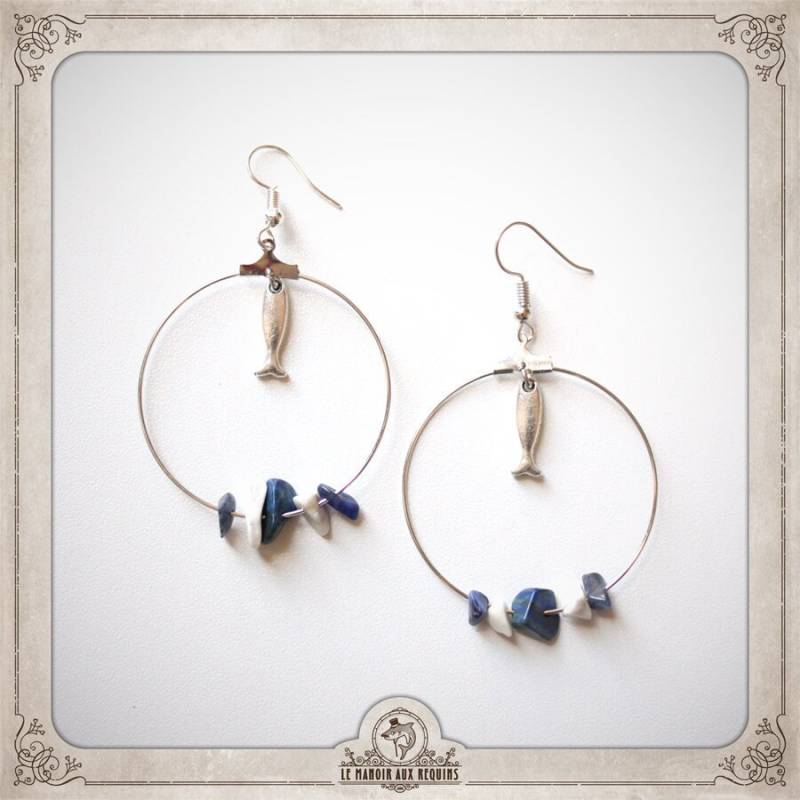 Mariniere Runde Ohrringe, Weiß-Blau Silber, Fisch, Lapislazuli Und Weißer Achat, Steine, Porzellanringe Boc007 von LeManoirAuxRequins