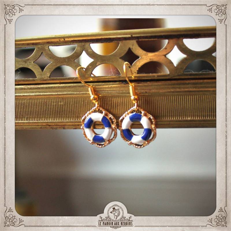 Tiny Rescue Mud Ohrringe Goldene Bojen Und Gold Blau Emaille Ruder Tattoo Anker Pirate Wind Pink Boot Boo010 von LeManoirAuxRequins