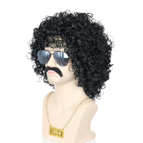 LeMarnia Herren Short Curly Black Rocker Schnurrbart Afro Perücke Flauschige Lustige Halloween Party Perücken Das Set beinhaltet Halskette und Bart von LeMarnia