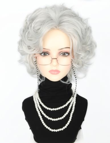 LeMarnia Silbergrau Alte Dame Perücke Set Oma Perücke Halloween Kostüm Perücke von LeMarnia
