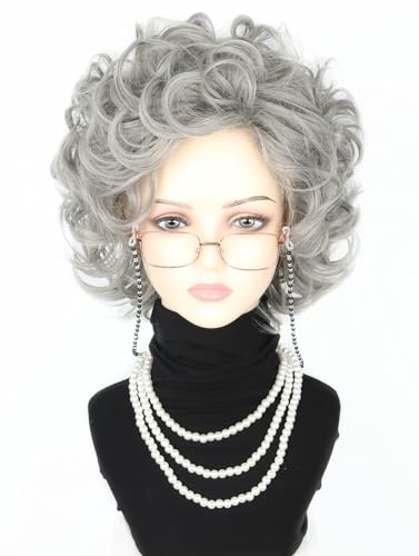 LeMarnia Grau Alte Dame Perücke Set Oma Perücke Halloween Kostüm Perücke von LeMarnia