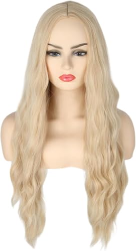 LeMarnia Beige Gelb Frauen lange Wellige lockige Hitzebeständige synthetische Perücke Halloween Alltag Party Kostüm Perücke von LeMarnia
