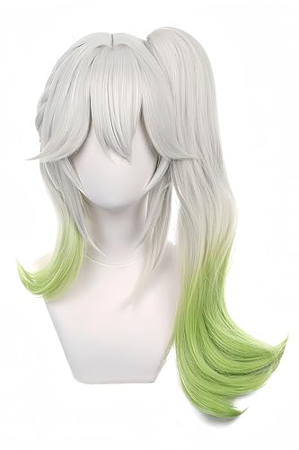 LeMarnia Grau Gemischter Grüner Pferdeschwanz mit Bangs Flauschige Lockige Layered Perücke für Nahida Cosplay Perücke Halloween Kostüm Cosplay Perücken von LeMarnia