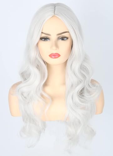 LeMarnia Grau Weiß Frauen lange Wellige lockige Hitzebeständige synthetische Perücke Halloween Alltag Party Kostüm Perücke von LeMarnia