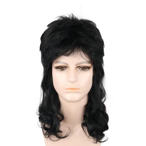 LeMarnia Herren 80er Jahre Vokuhila Perücke Rocker Punk Popstar Perücke Lange Lockig Mullet Perücke Halloween Party Kostüm-Perücken (Schwarz) von LeMarnia