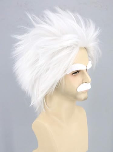 LeMarnia Herren Weiß Kurze Lockige Perücke und Bart Verrückte Wissenschaftler Perücke Halloween Kostüm Cosplay Perücke von LeMarnia