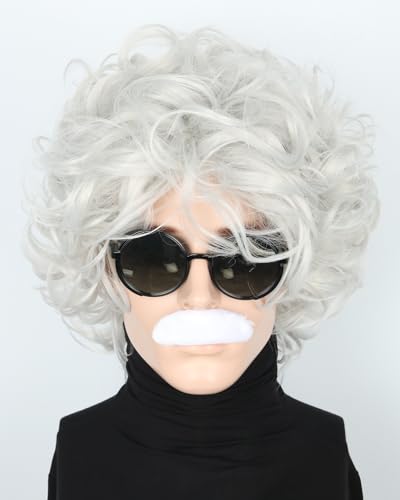 LeMarnia Mad Scientist Perücke Alte Mann Perücke Halloween Kostüm Perücke Silber Grau Perücke und Bart Set von LeMarnia