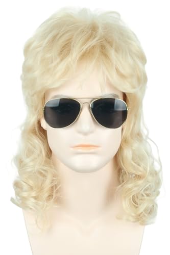 LeMarnia Herren 80er Jahre Vokuhila Perücke Rocker Punk Popstar Perücke Lange Lockig Mullet Perücke Halloween Party Kostüm-Perücken (Blonde) von LeMarnia
