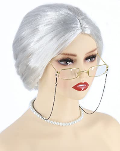LeMarnia Weiß Alte Damenperücke mit Anziehrequisiten, Oma-Brötchen-Perücke, Halloween-Party-Perücke von LeMarnia