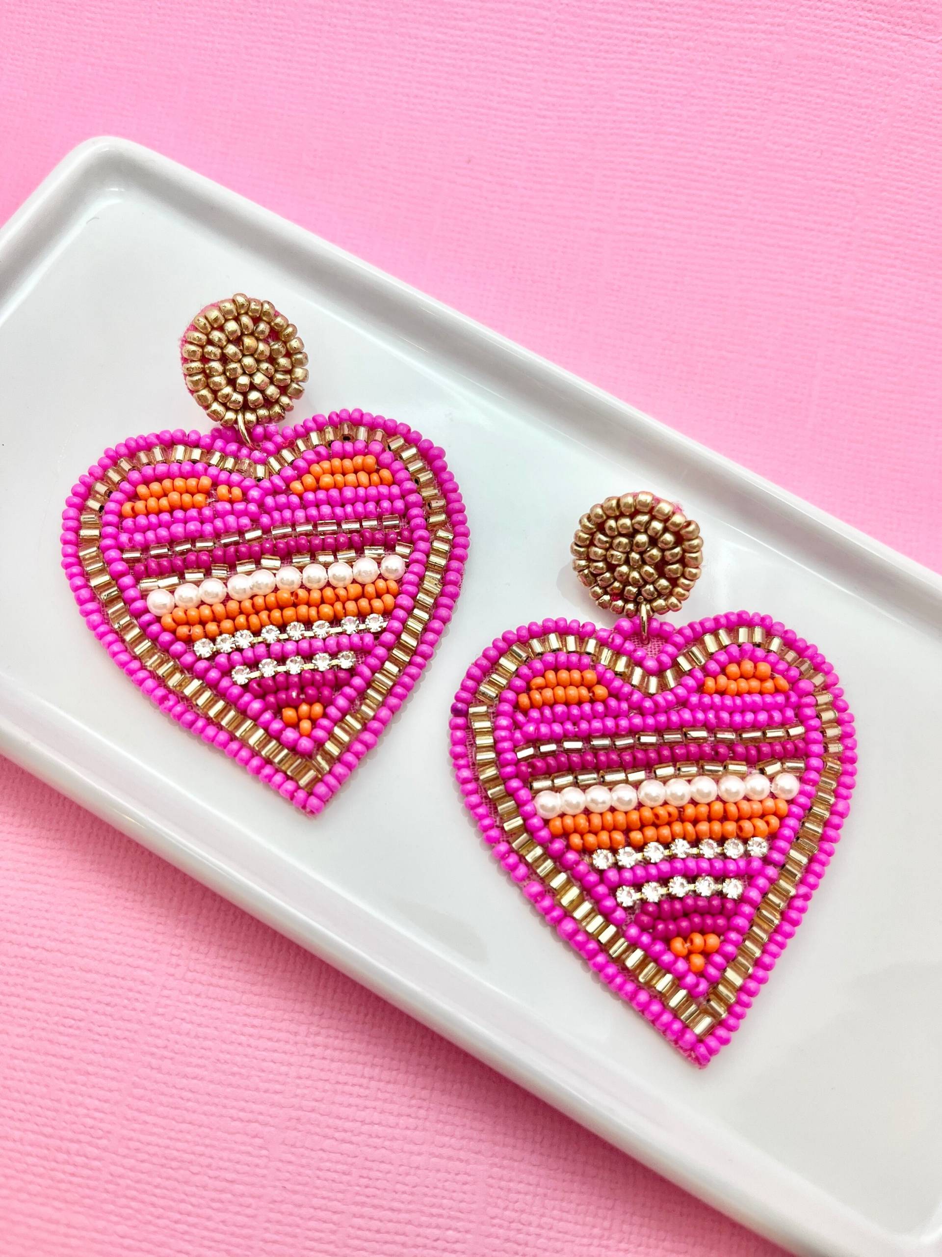 Pink & Orange Perlen Herz Ohrringe Valentinstag Schmuck Pink & Orange Perlen Herz Ohrringe Valentinstag Schmuck von LePetitBijouBoutique