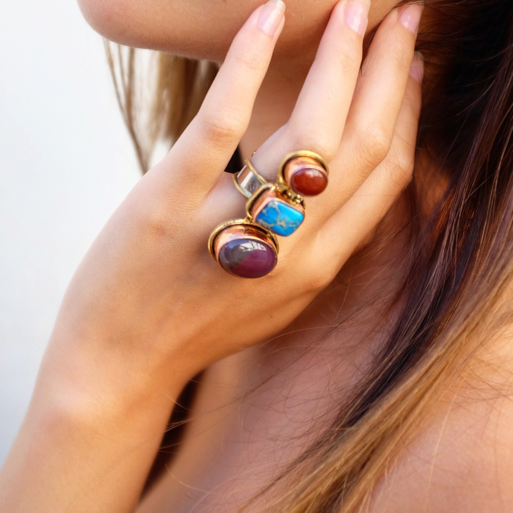 Langer Fingerring Mit Türkis Und Achat Langer Fingerring Mit Türkis Und Achat von LePrecieuxJewelry