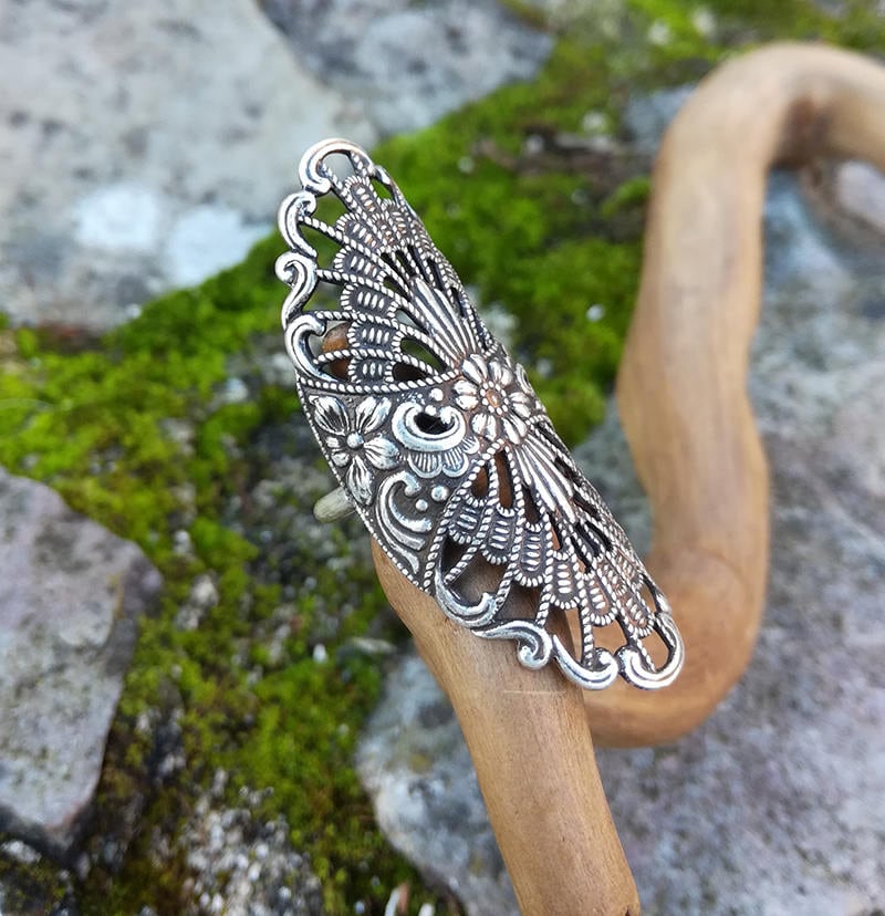 Langer Jugendstil-Ring Aus Silbermessing, Sterlingsilberring, Floraler Steampunk, Mittelalterlicher Boho-Spitzenring von LeSauleRieur