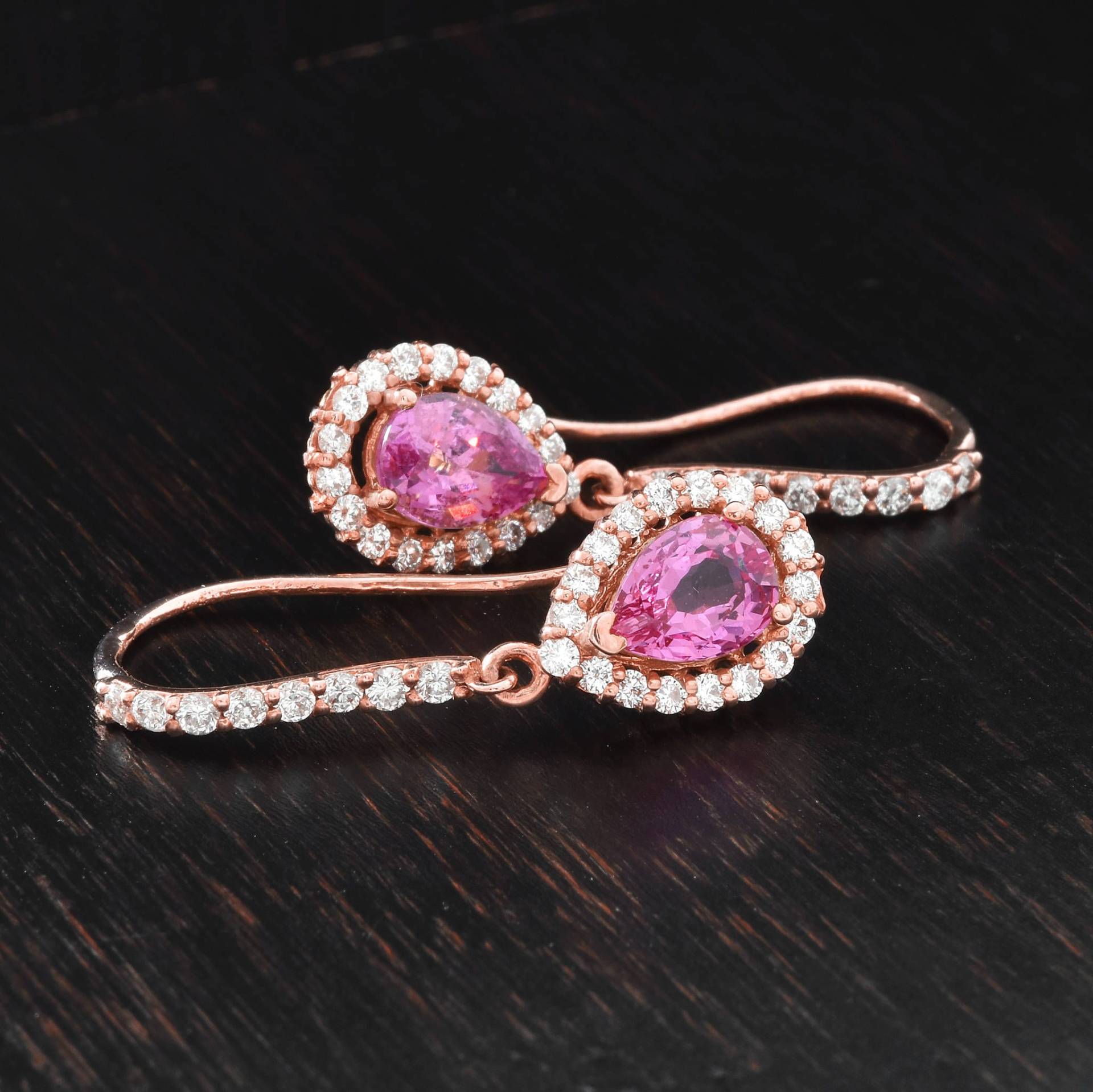 Rosa Tränen Und Runde Diamanten, Rosa Saphir Roségoldohrringe, Perfektes Geschenk Für Sie, Weihnachtsgeschenk von LeTuncheDiamondRings