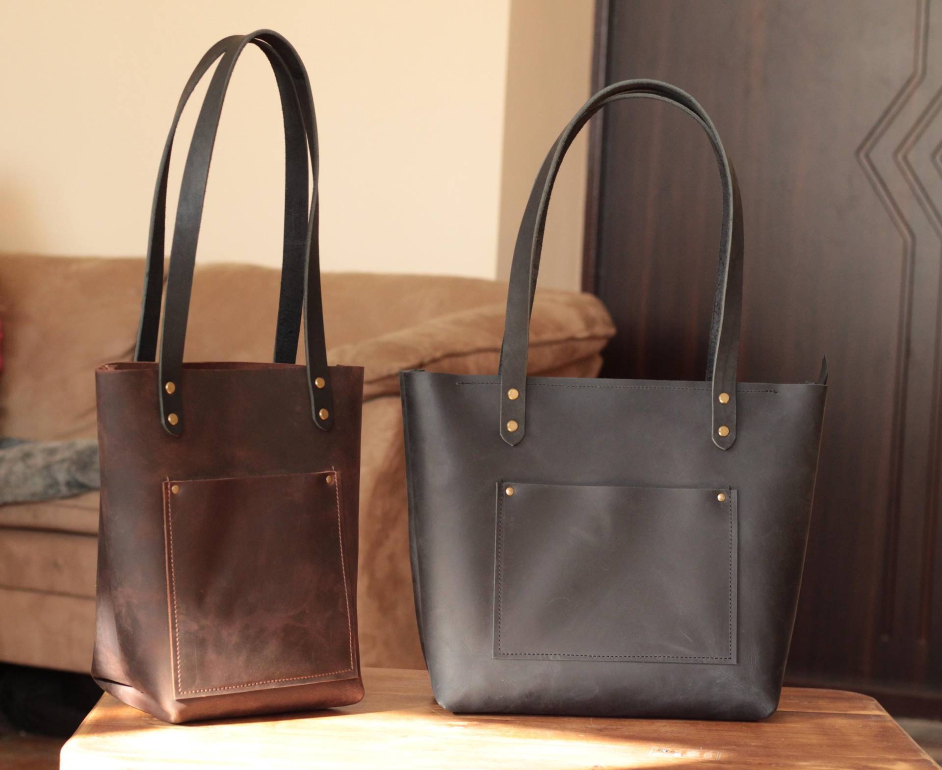 Leder Henkeltasche Handgemachte Damen Shopper Schwarz von LeWooDesign