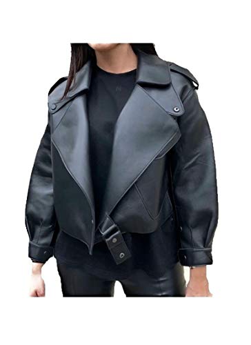 Damen Luxus Lederjacke Bikerjacke aus 100% Echtleder im Oversized Look (Schwarz, M) von Lea Marie