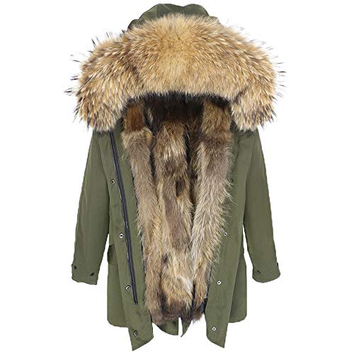 Damen Luxury PARKA XXL Kragen aus 100% ECHTPELZ ECHTFELL Jacke Mantel Fuchspelz Innenfutter (5XL, Khaki) von Lea Marie