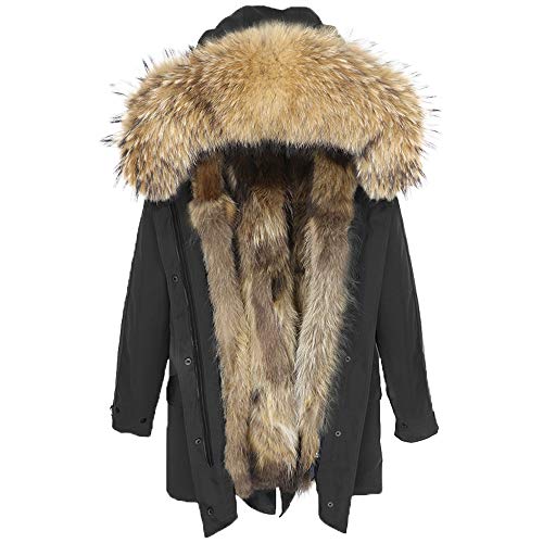 Lea Marie Damen Luxury PARKA XXL Kragen aus 100% ECHTPELZ ECHTFELL Jacke Mantel Fuchspelz Innenfutter (5XL, Schwarz) von Lea Marie