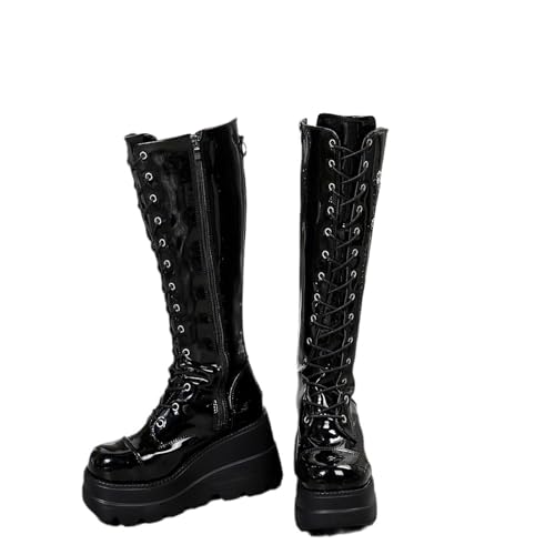 LeaHy Damen Knie Hohe Stiefel Retro Herbst und Winter PU Leder Gothic Punk Plateau Keilstiefel Schnürstiefelette,Schwarz,38 EU von LeaHy