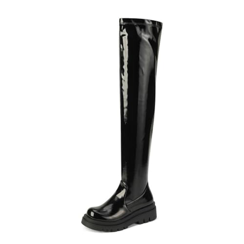LeaHy Damen Overknee Stiefel Elegant PU Leather Low Heel Flat Stretch Thigh High Boots,Schwarz,40 EU von LeaHy