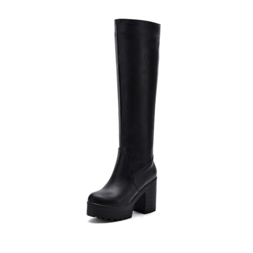 LeaHy Damen Winterstiefel PU Leder Plateau mit Blockabsatz Hochhackige Stiefel Seitlicher Reißverschluss Knee High Boots,Schwarz,39 EU von LeaHy