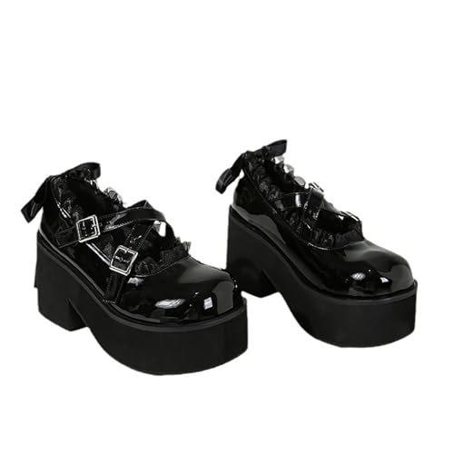 LeaHy Frauen Plattform Mary Jane Schuhe Gothic Punk Kreuzriemen Fliege Blockabsatz High Heels Lolita Prinzessin Schuhe,Schwarz,37 EU von LeaHy
